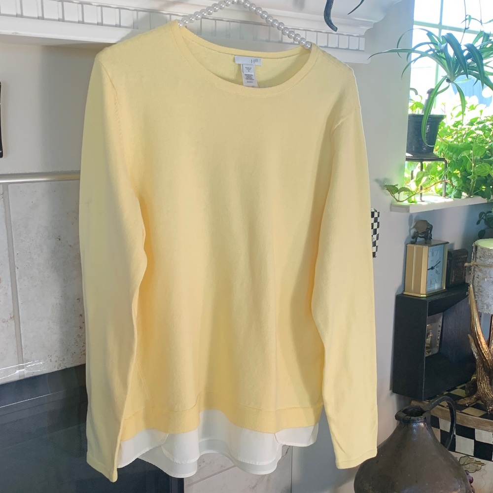 J.Jill Lemony Yellow Cotton LS Sweater w Mock white Blouse Ruffle Size M EUC